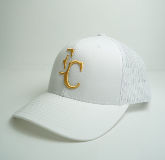 EC WHITE AND GOLD RETRO TRUCKER HAT